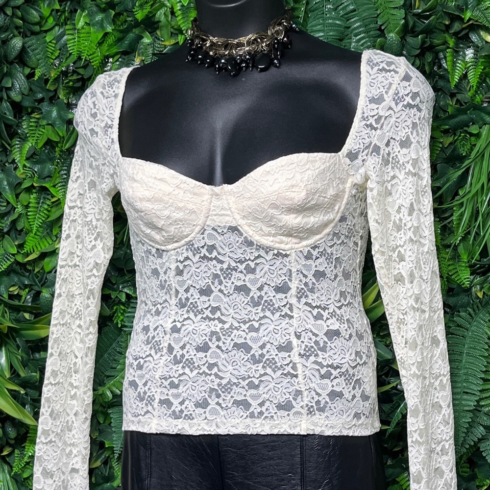 Edikted‎ Top Large Cream Ivory Lace Sweetheart Corset Long Sleeve Blouse 3346